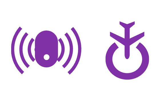 Two purple icons: one shows a stylized mouse emitting signals, the other a power button shaped like an airplane.